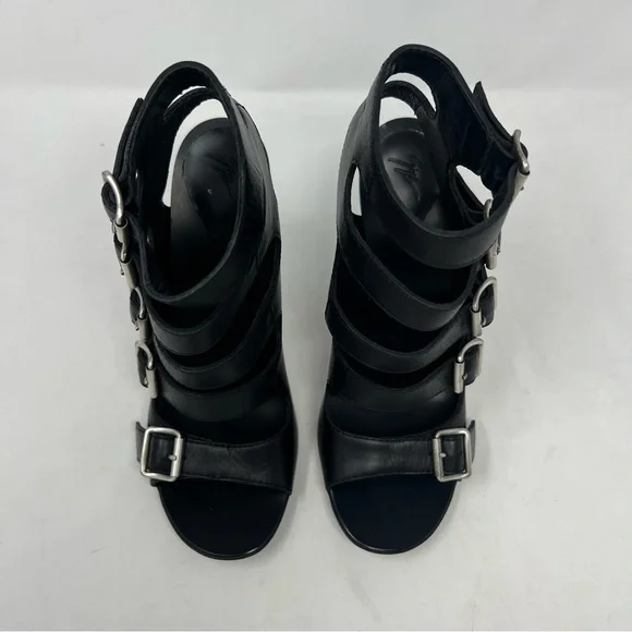 NEW Giuseppe Zanotti Buckle Strap Stiletto Heels Black Strappy Leather Size 37.5 - Picture 4 of 10